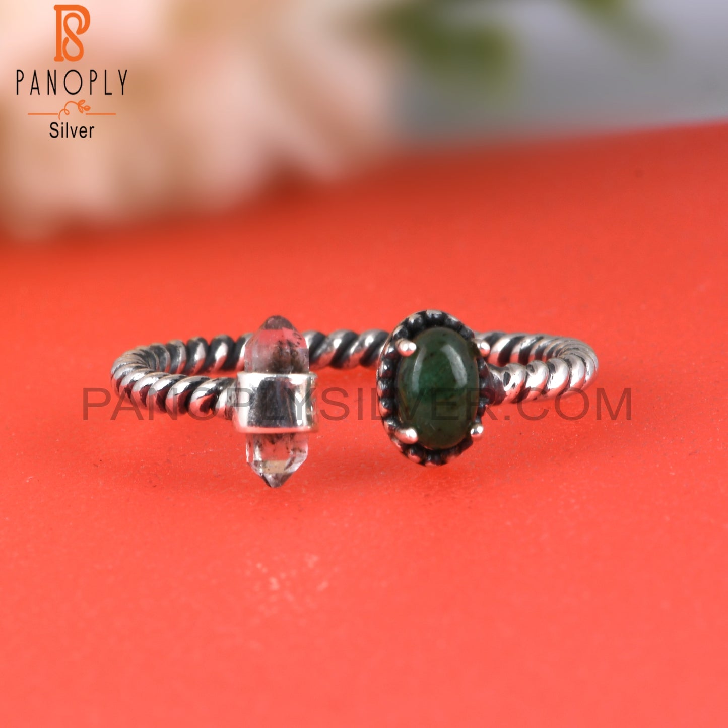 Emerald & Herkimer Diamond 925 Sterling Silver Ring