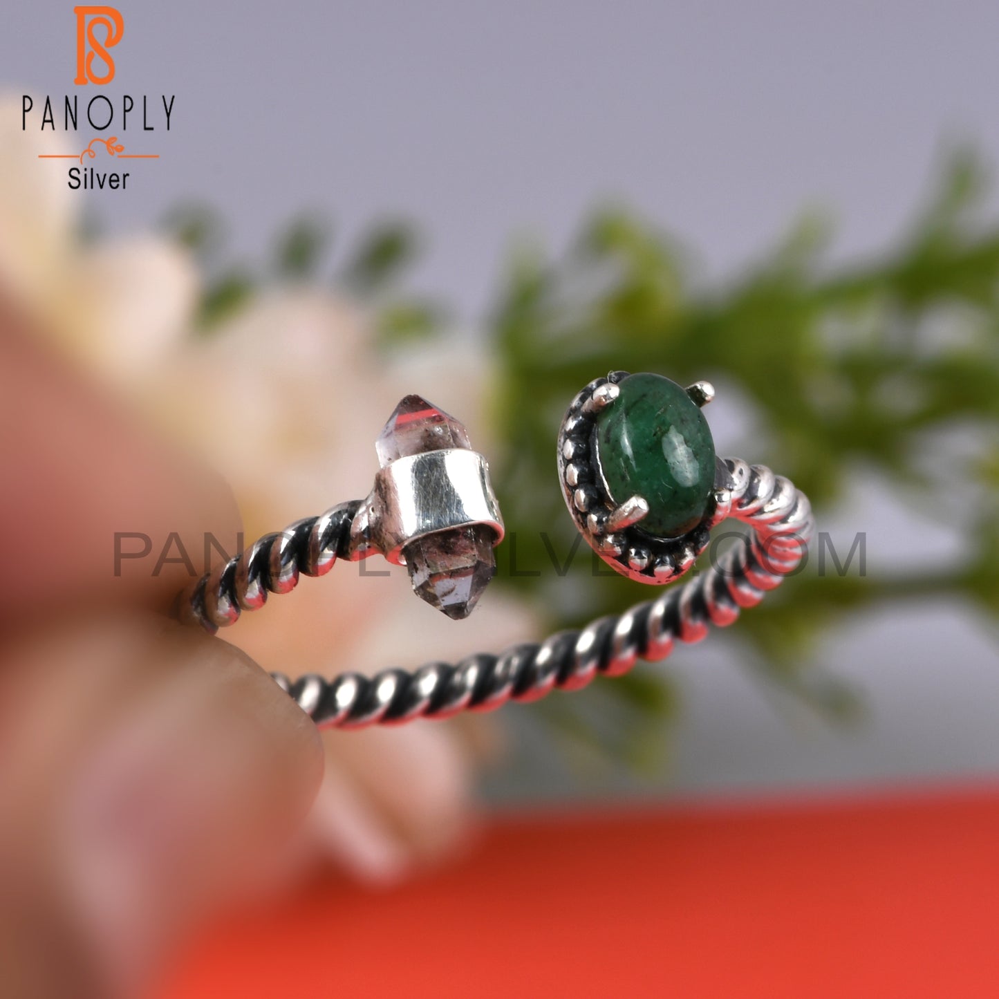 Emerald & Herkimer Diamond 925 Sterling Silver Ring