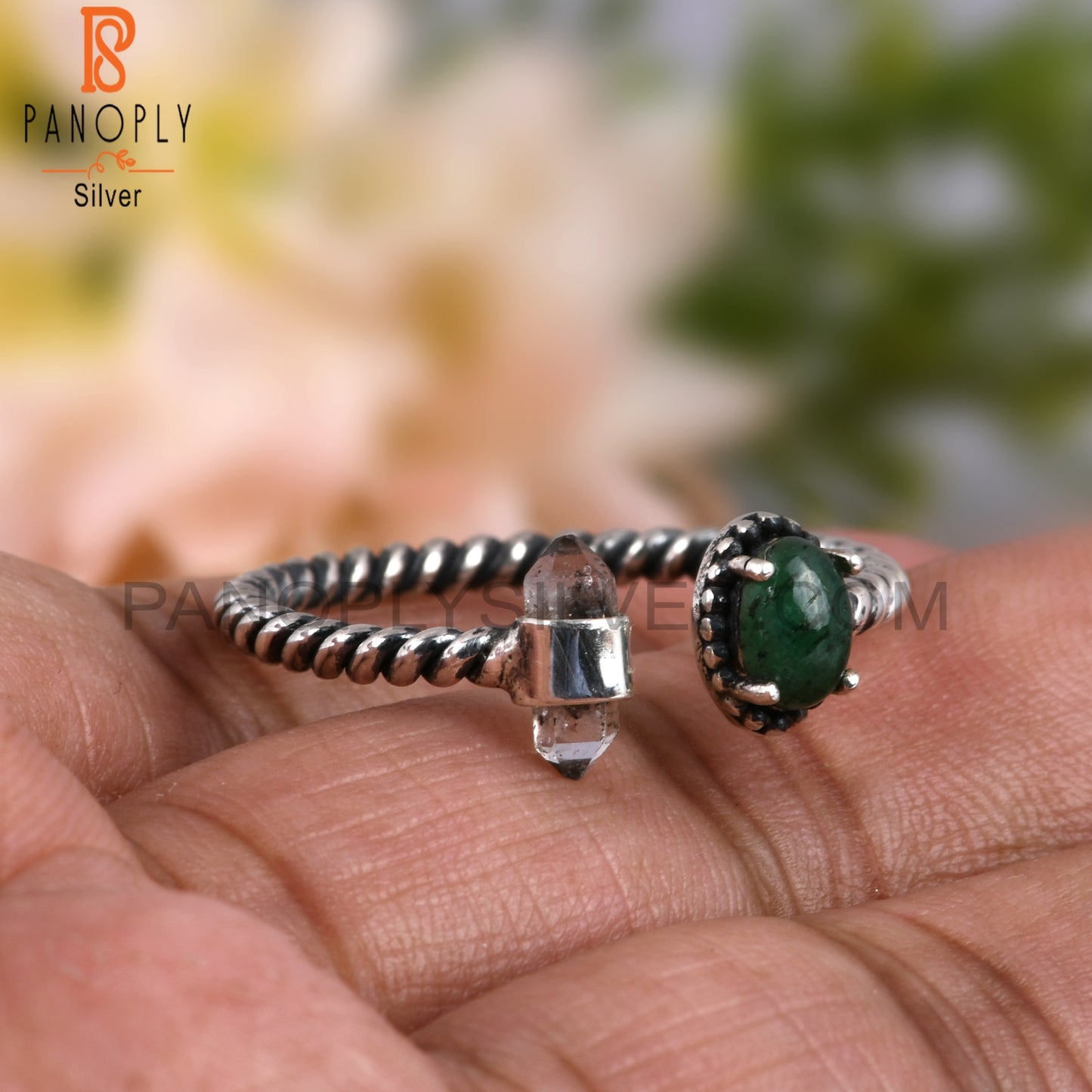 Emerald & Herkimer Diamond 925 Sterling Silver Ring