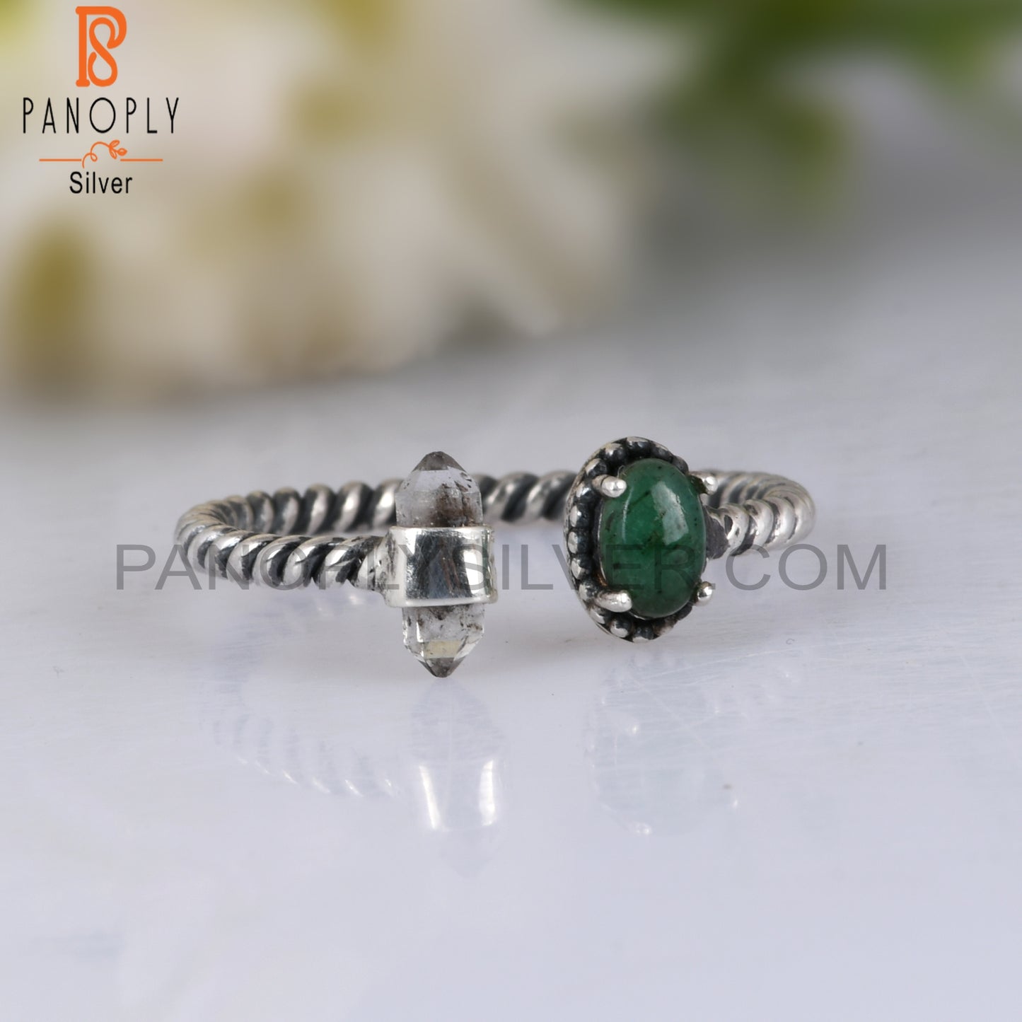 Emerald & Herkimer Diamond 925 Sterling Silver Ring