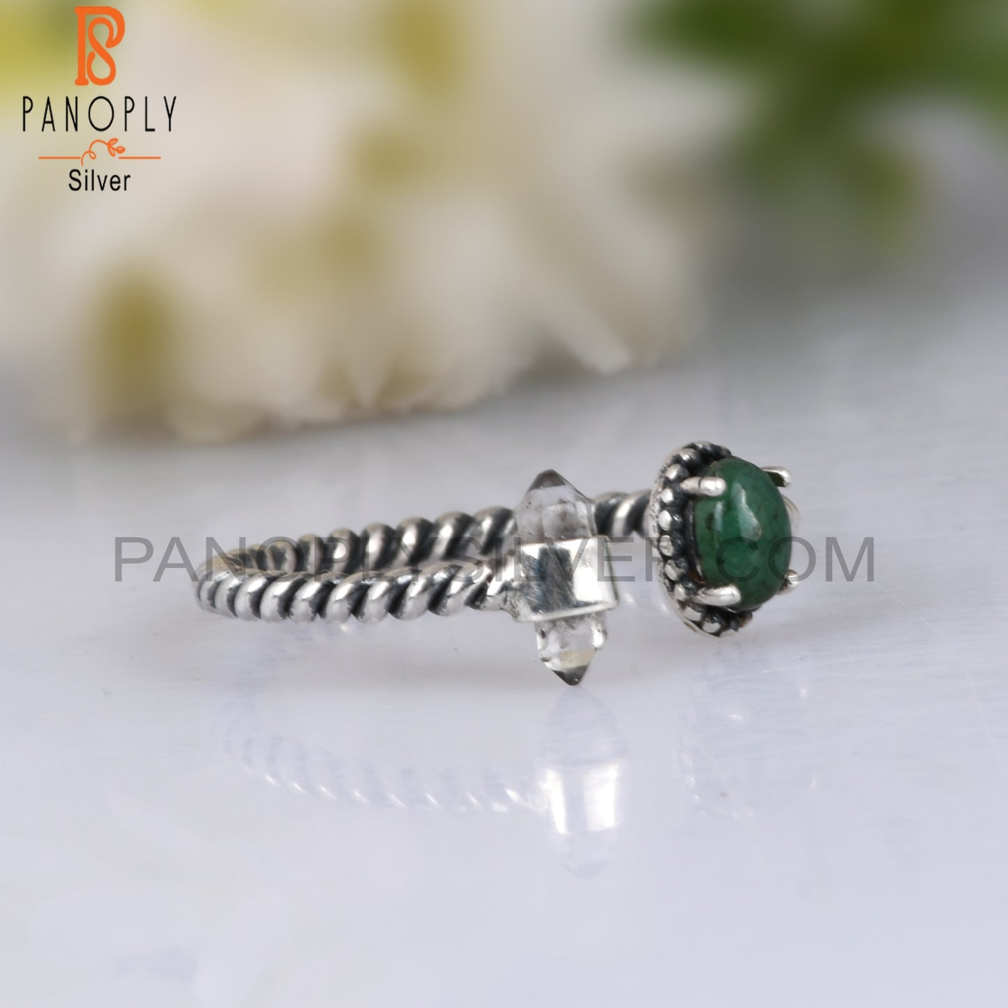 Emerald & Herkimer Diamond 925 Sterling Silver Ring