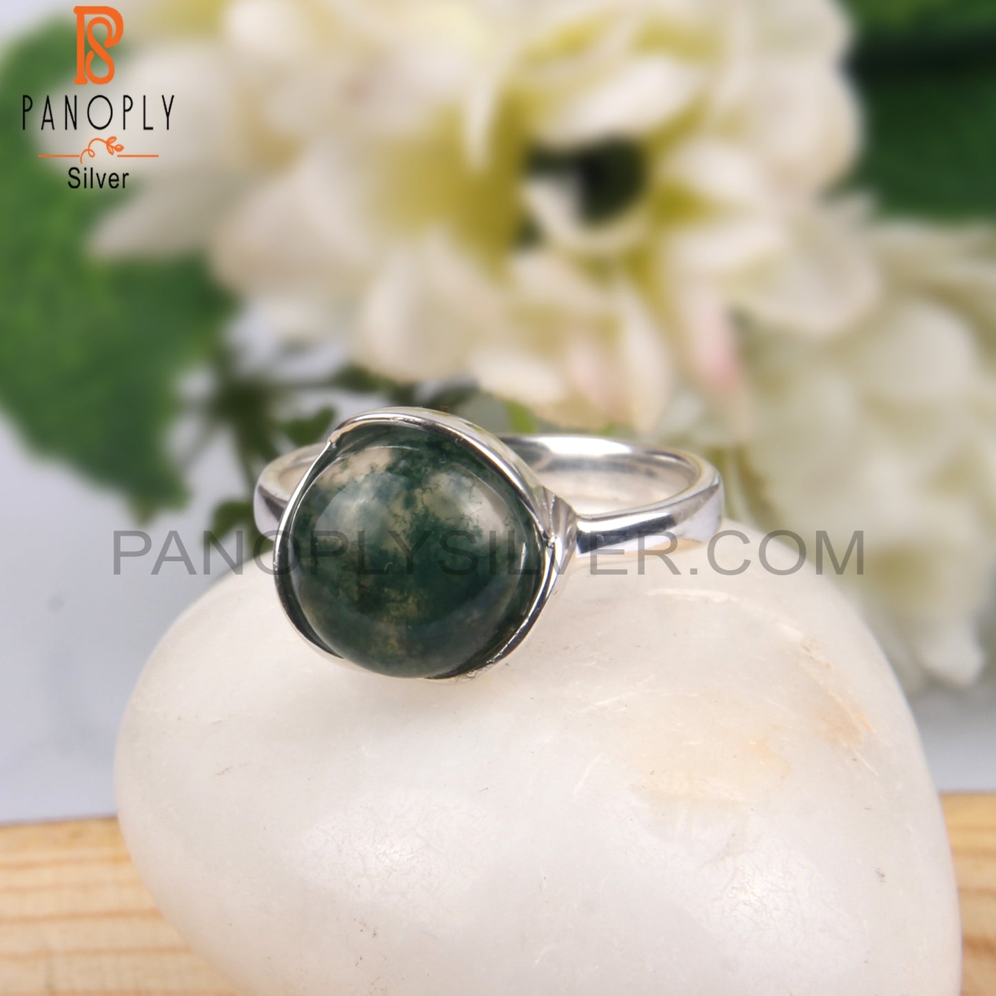 Moss Agate Round Shape 925 Sterling Silver Ring