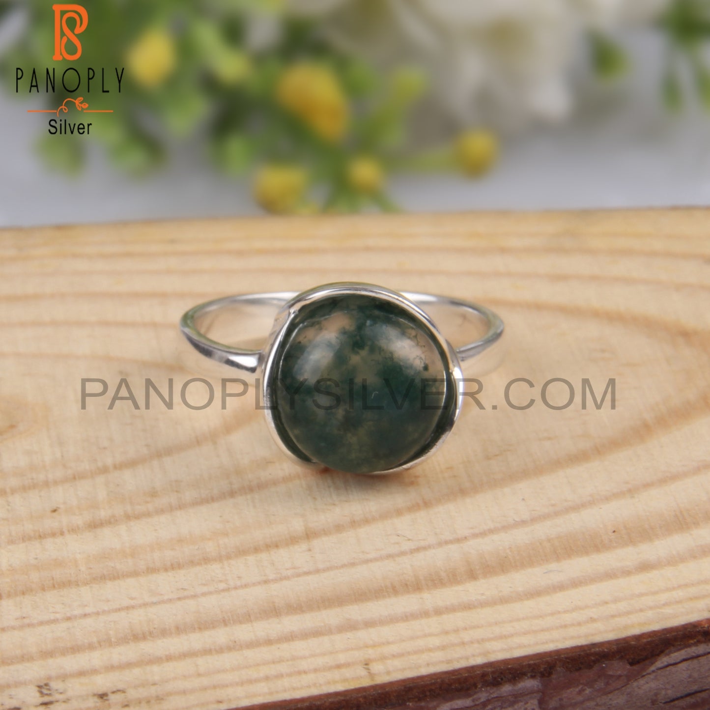 Moss Agate Round Shape 925 Sterling Silver Ring