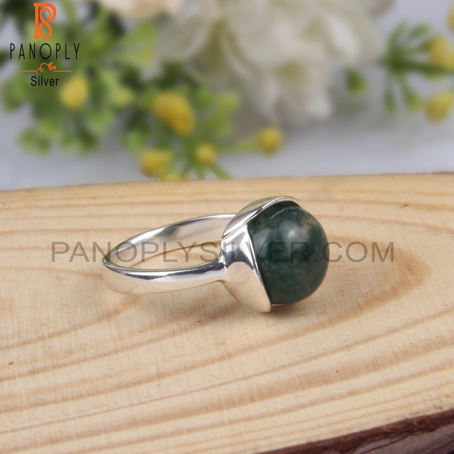 Moss Agate Round Shape 925 Sterling Silver Ring