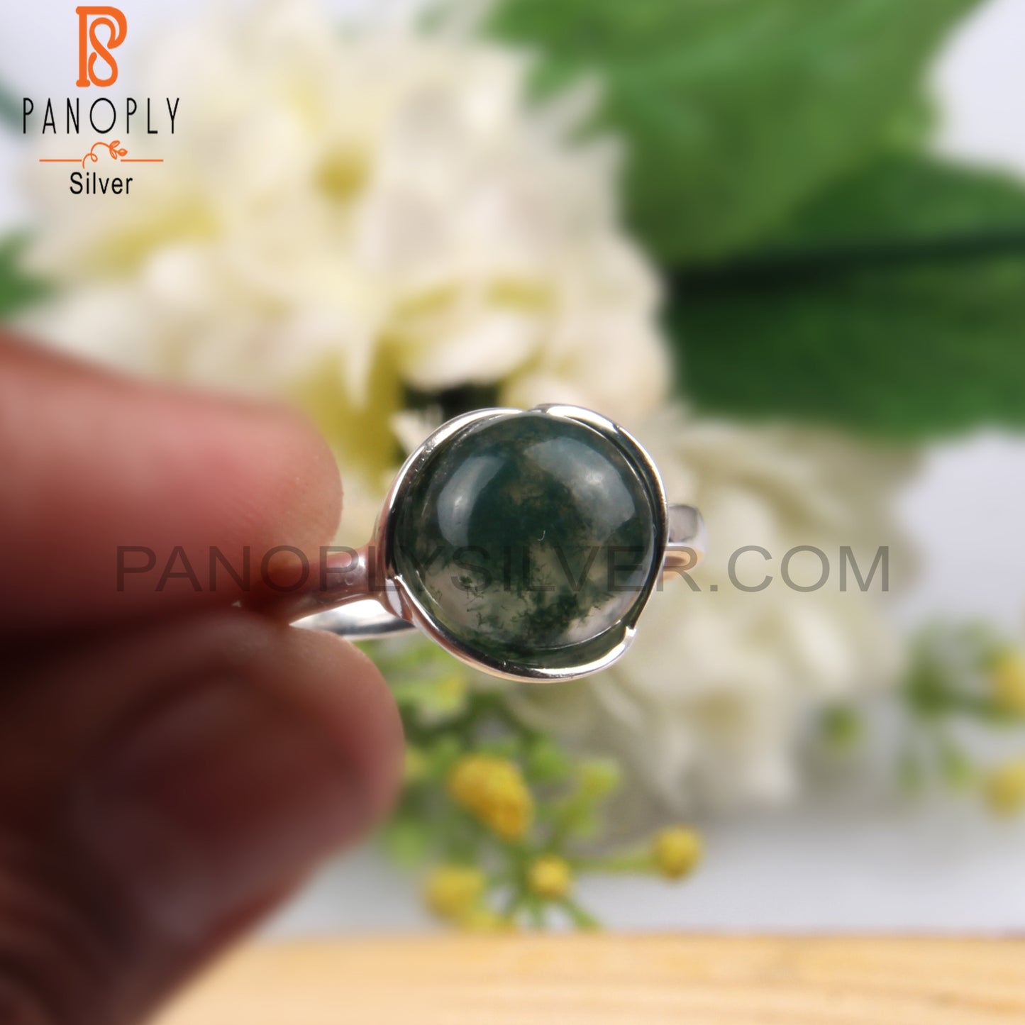 Moss Agate Round Shape 925 Sterling Silver Ring