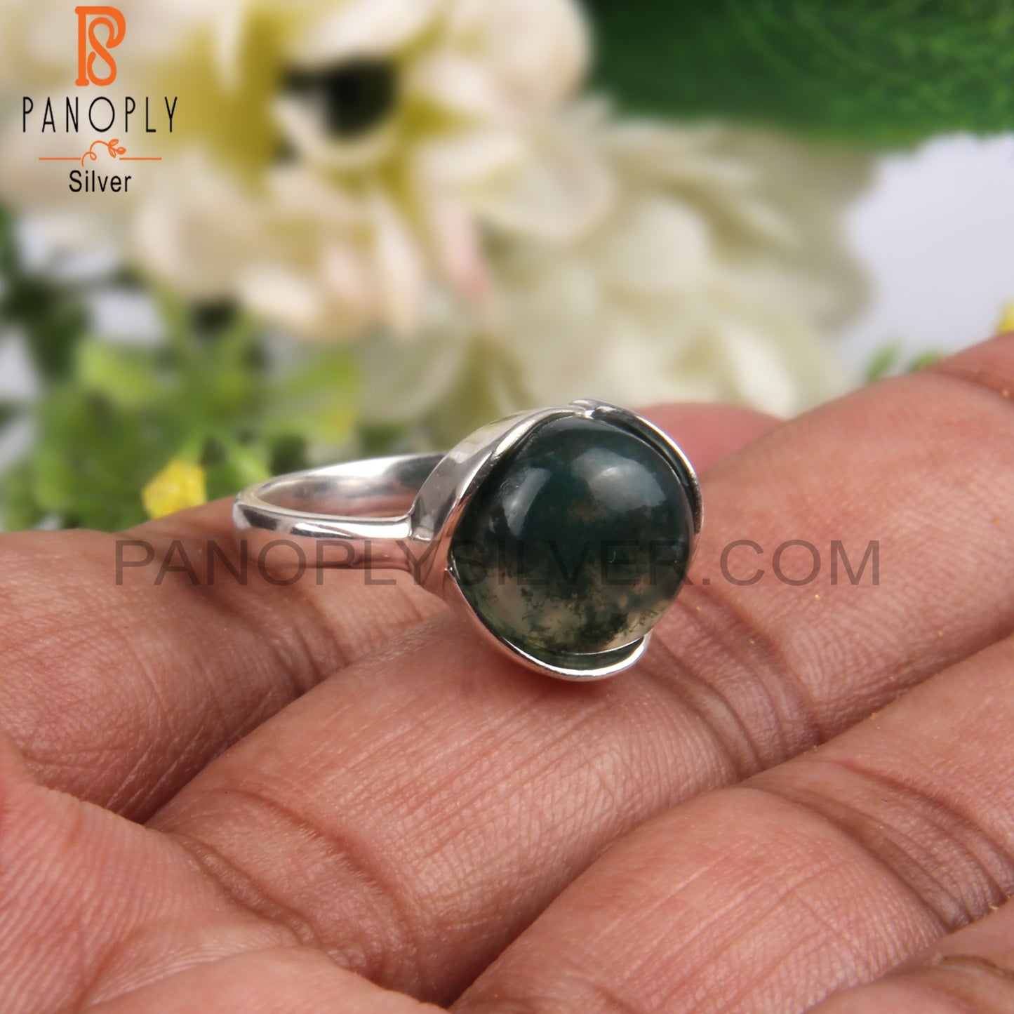 Moss Agate Round Shape 925 Sterling Silver Ring