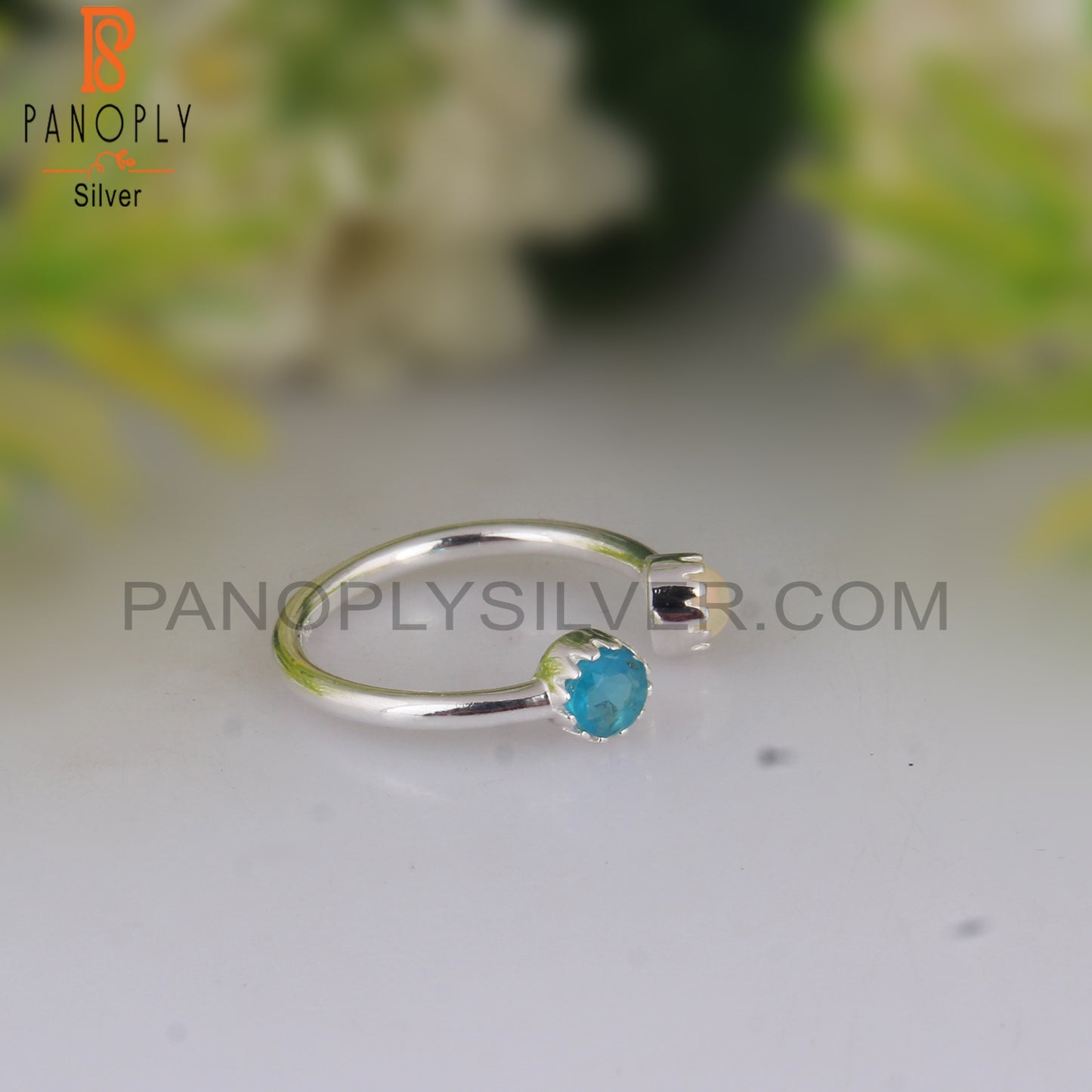 Neon Apatite & Ethiopian Opal Round 925 Silver Ring