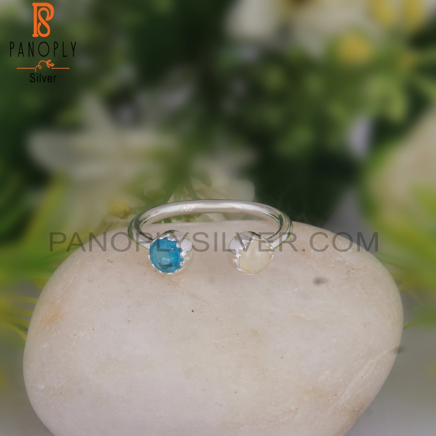 Neon Apatite & Ethiopian Opal Round 925 Silver Ring