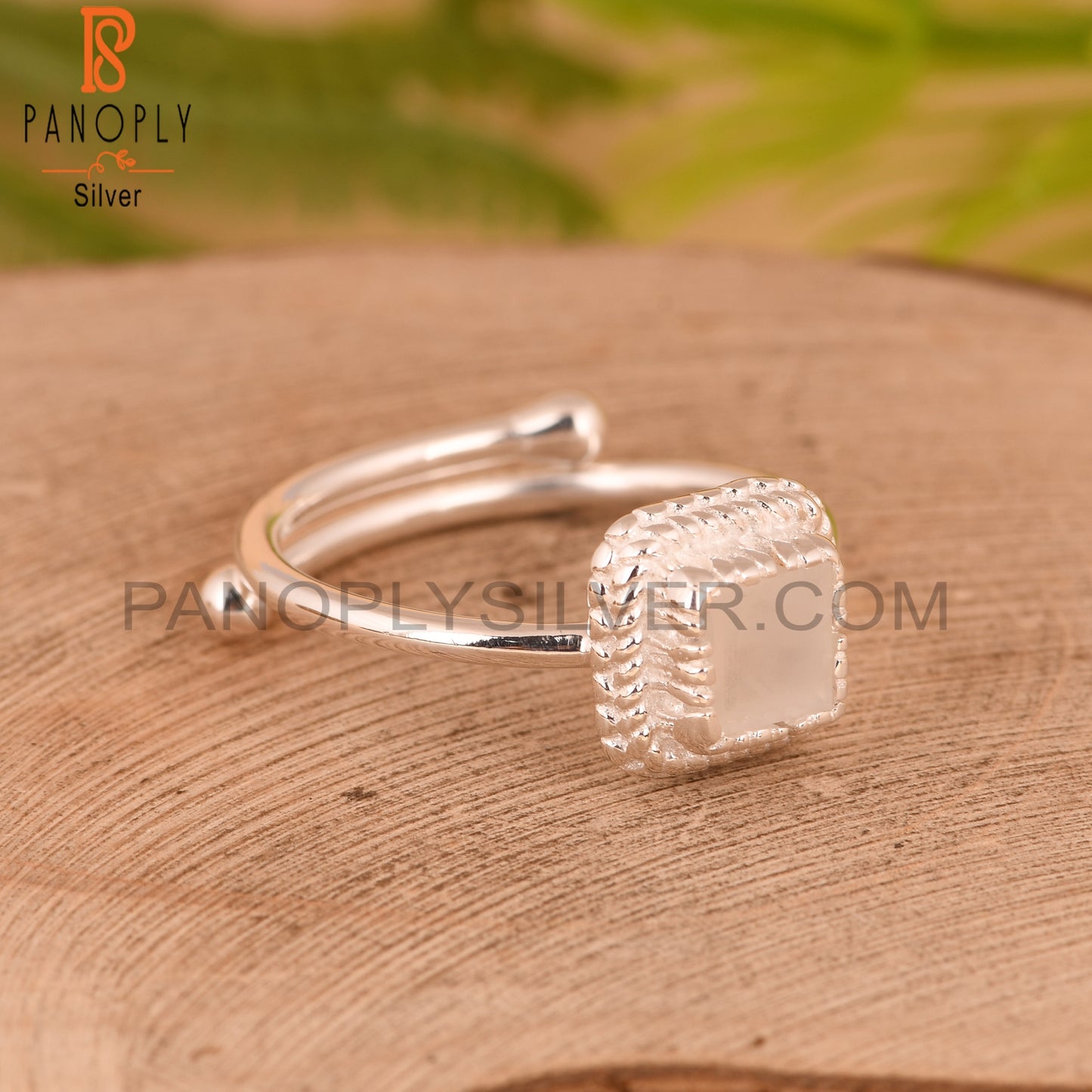 White Moonstone Square 925 Silver Adjustable Ring