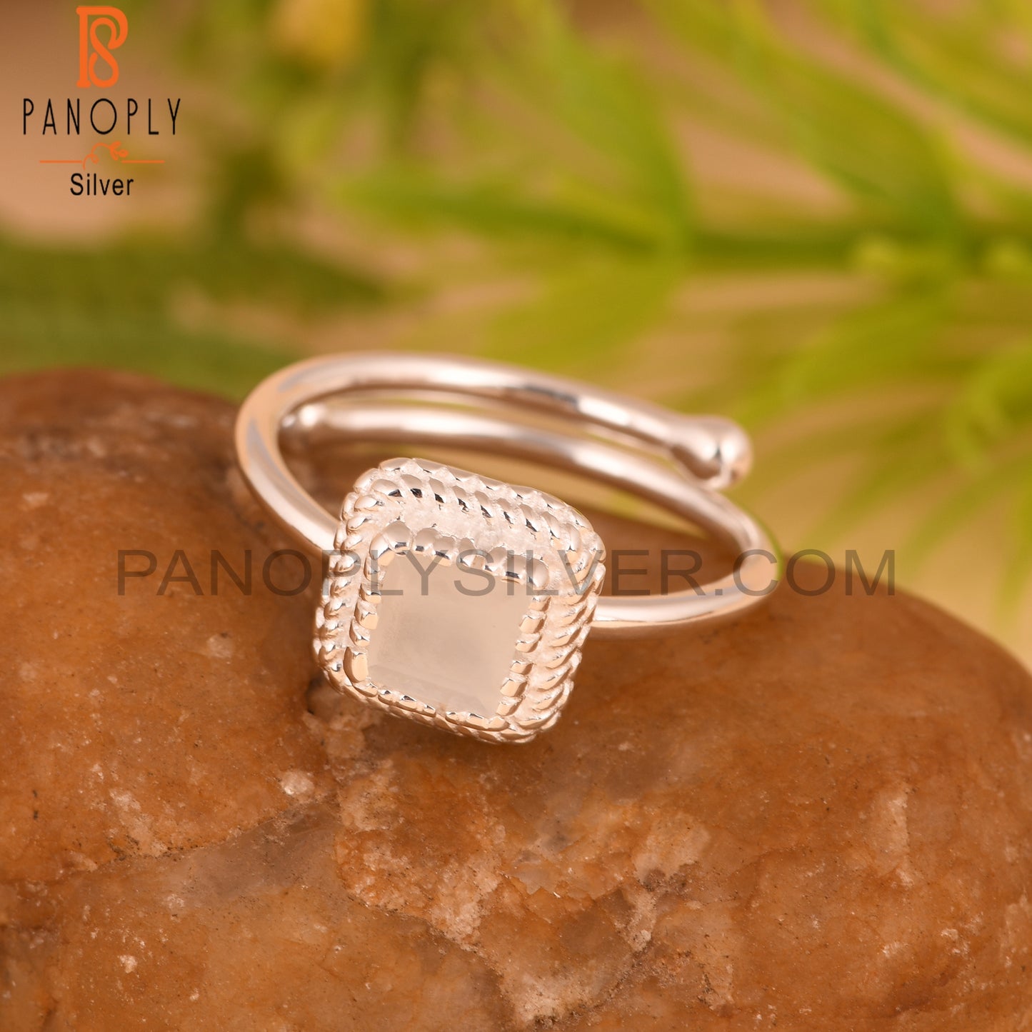 White Moonstone Square 925 Silver Adjustable Ring