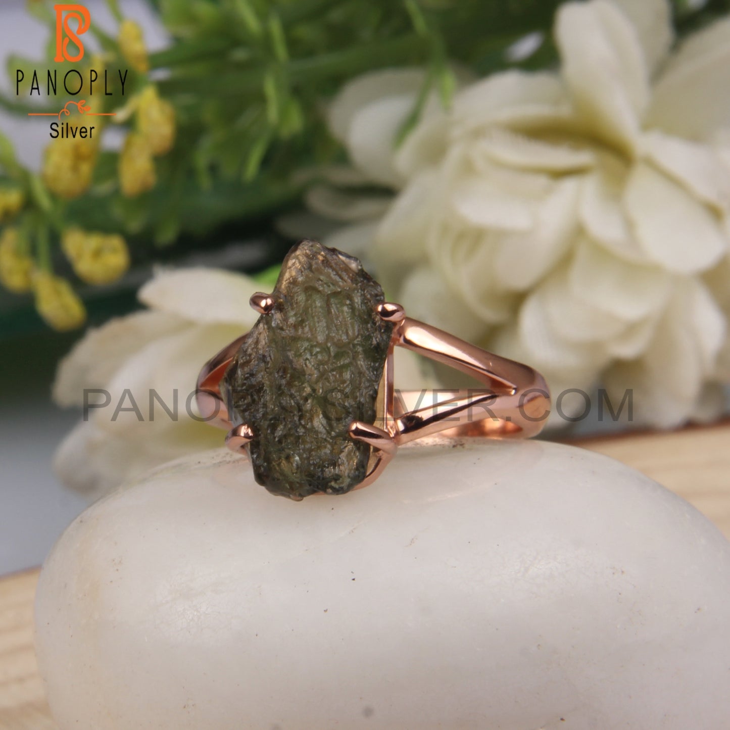 Moldavite Rough 925 Sterling Silver Rose Gold Ring