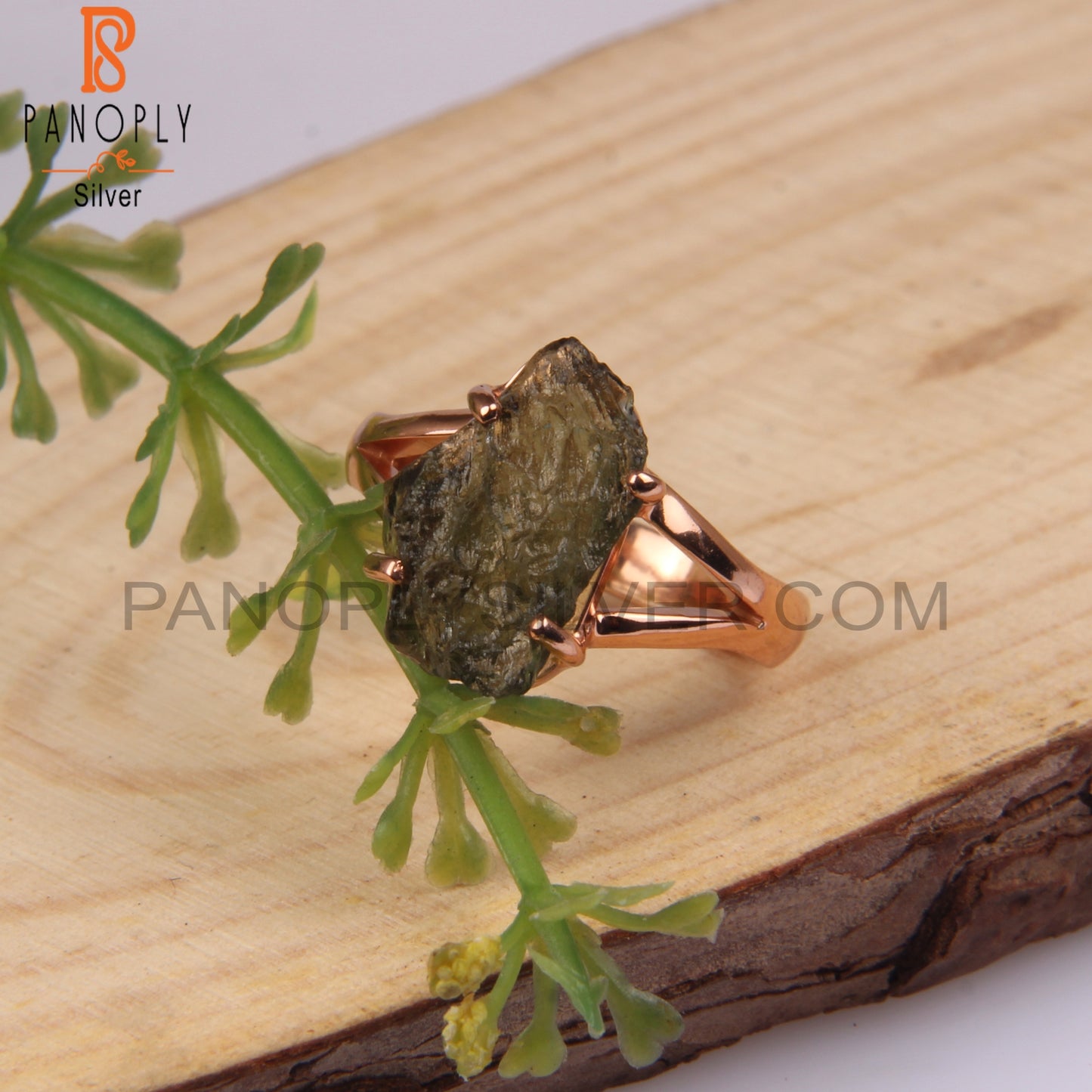 Moldavite Rough 925 Sterling Silver Rose Gold Ring