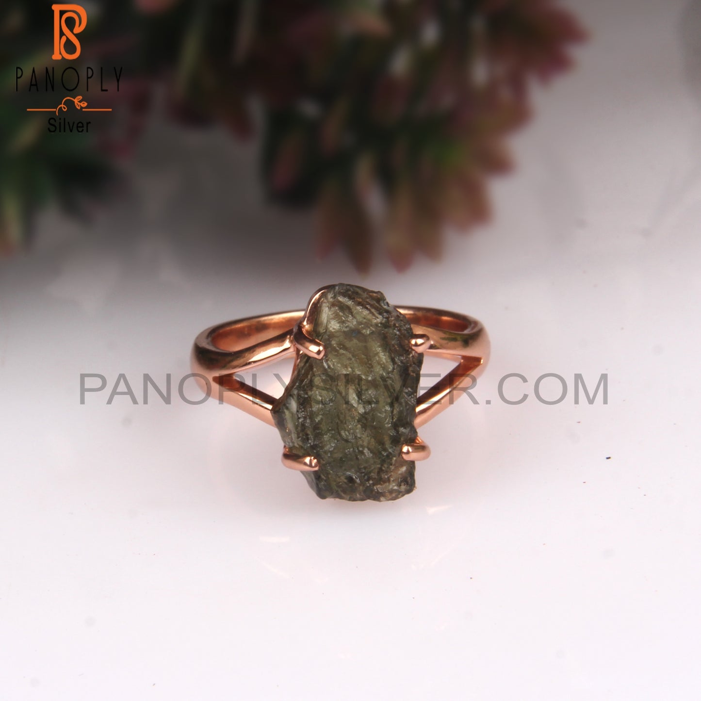 Moldavite Rough 925 Sterling Silver Rose Gold Ring