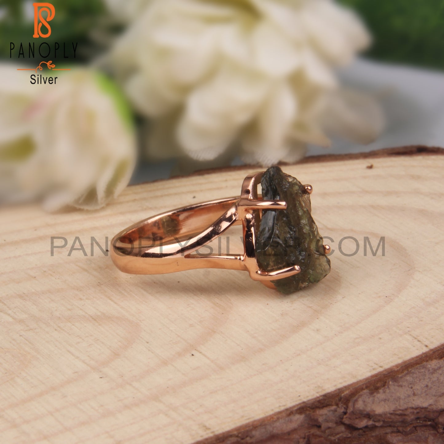 Moldavite Rough 925 Sterling Silver Rose Gold Ring