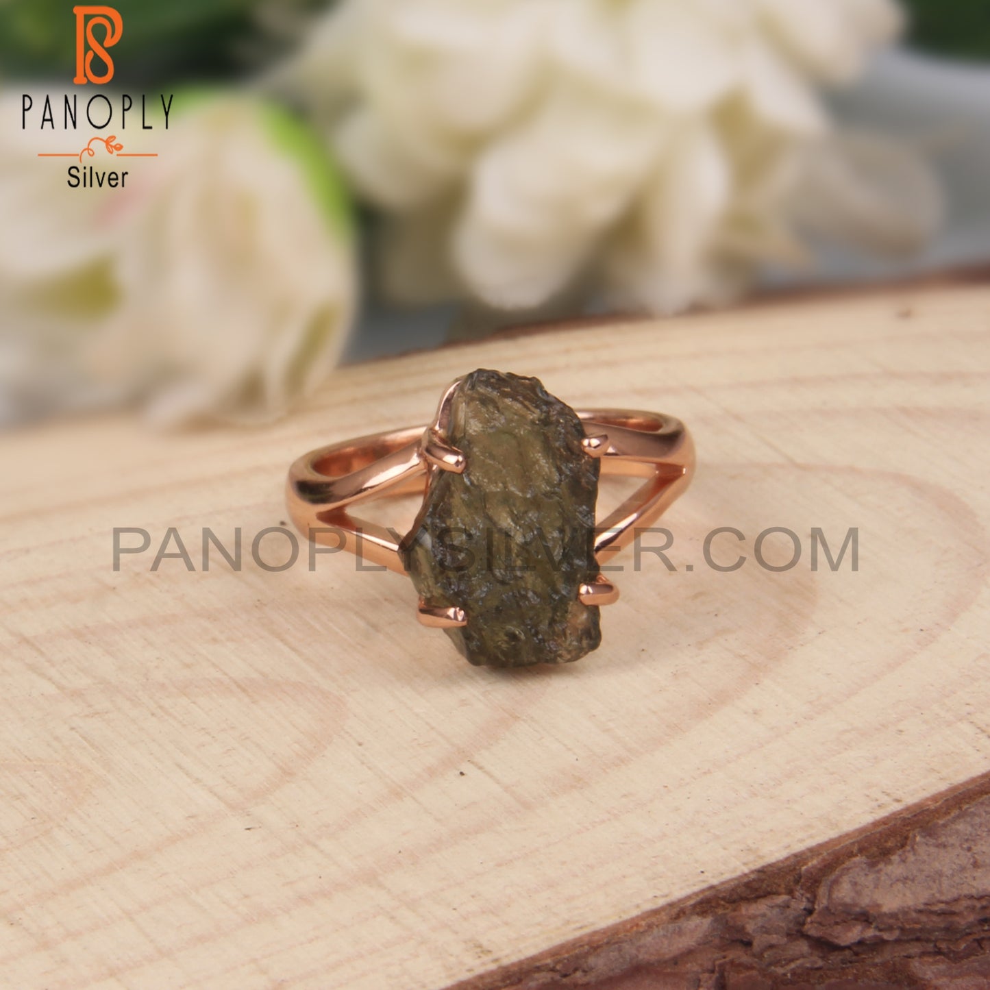 Moldavite Rough 925 Sterling Silver Rose Gold Ring