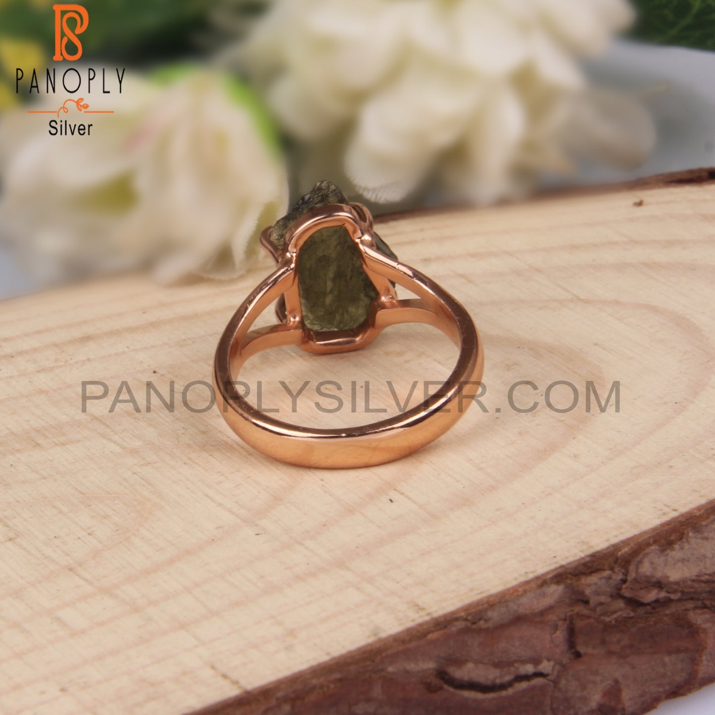 Moldavite Rough 925 Sterling Silver Rose Gold Ring