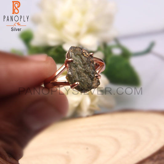 Moldavite Rough 925 Sterling Silver Rose Gold Ring