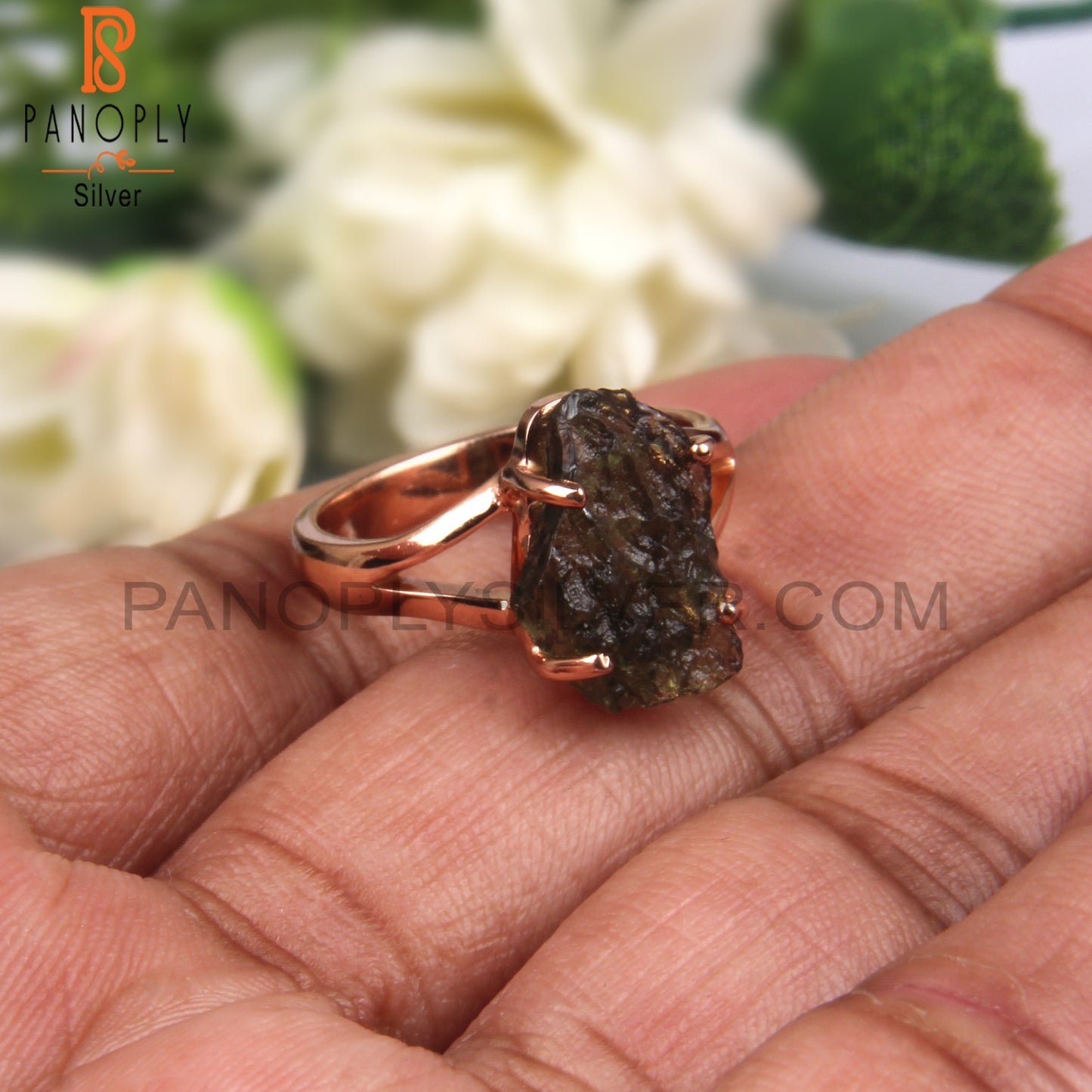 Moldavite Rough 925 Sterling Silver Rose Gold Ring