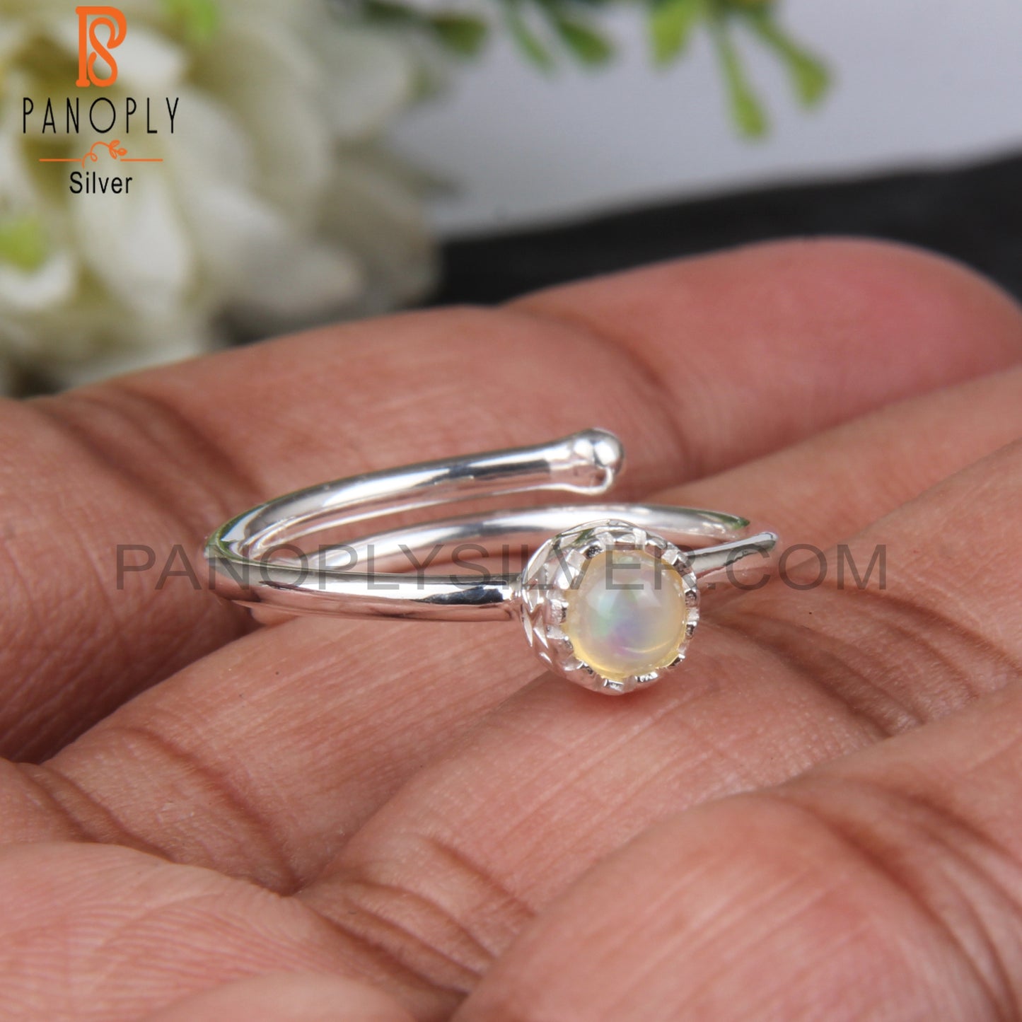 Ethiopian Opal Round Shape 925 Sterling Silver Adjustable Ring
