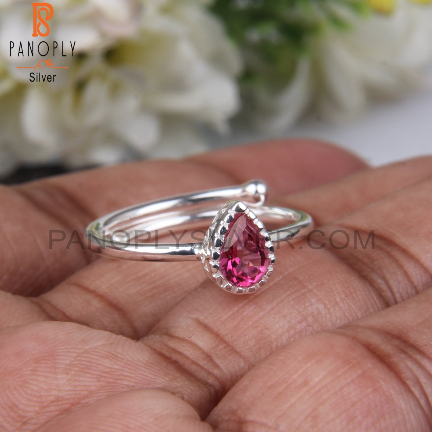 Pink Topaz Pear Shape Adjustable 925 Sterling Silver Ring