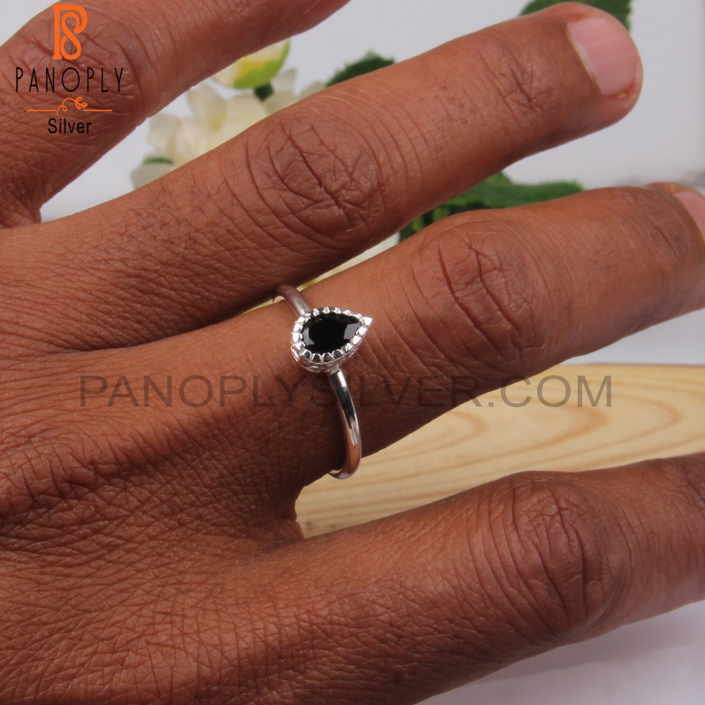 Black Spinel Cut Pear Shape 925 Stamp Heart Tech Ring