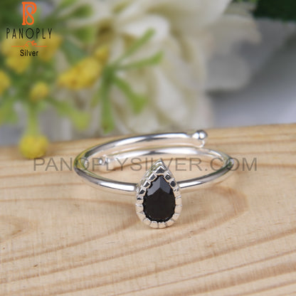 Black Spinel Cut Pear Shape 925 Stamp Heart Tech Ring