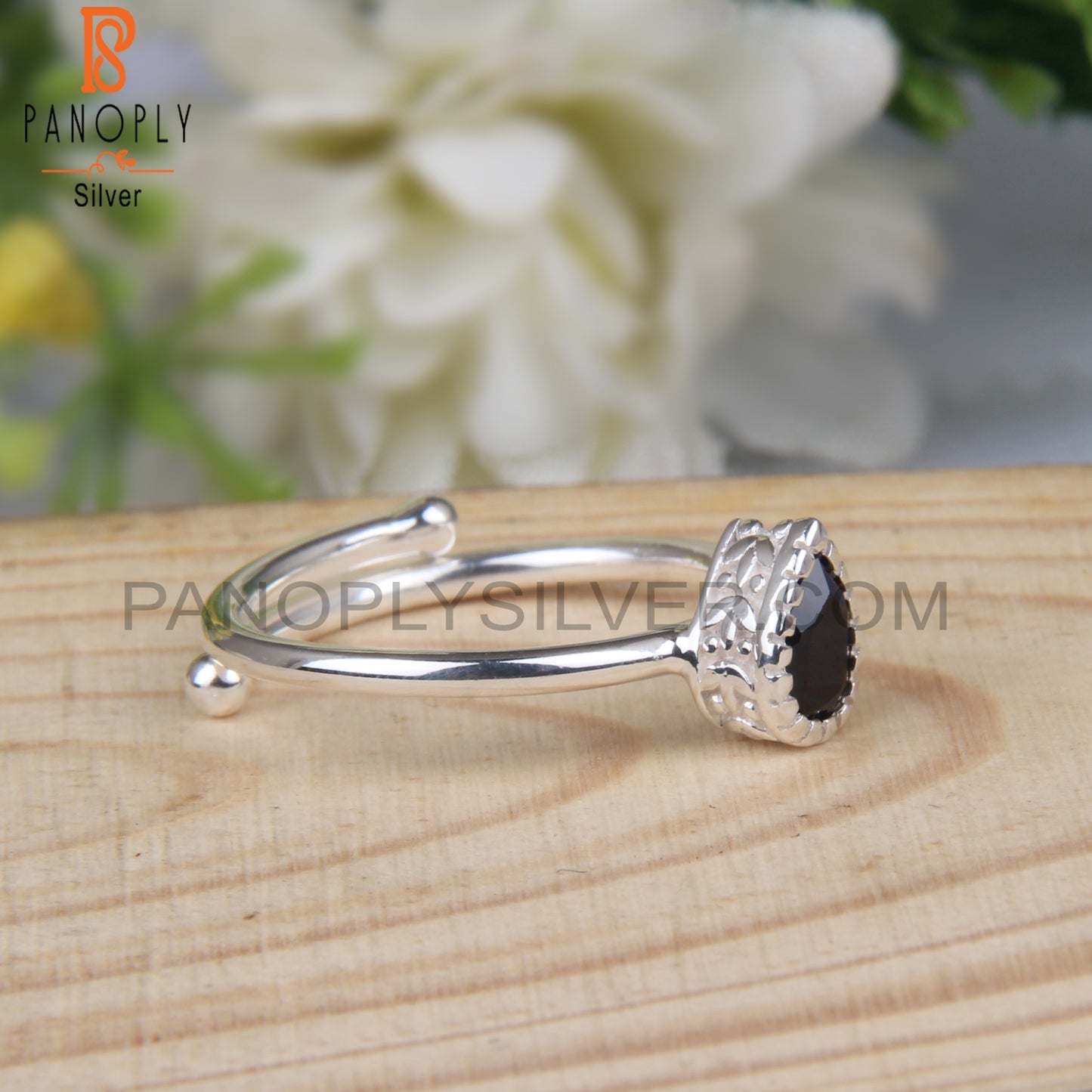 Black Spinel Cut Pear Shape 925 Stamp Heart Tech Ring