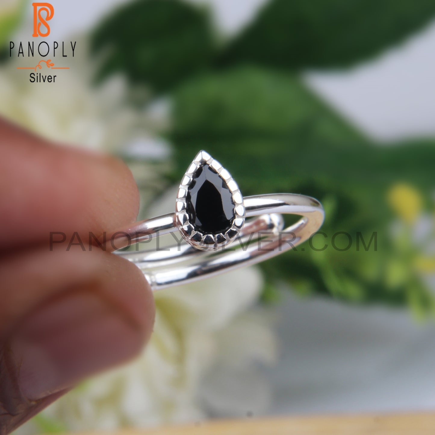 Black Spinel Cut Pear Shape 925 Stamp Heart Tech Ring