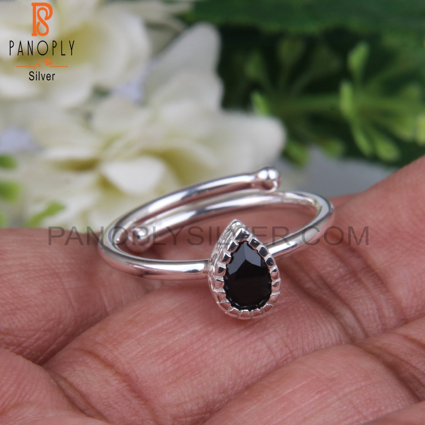 Black Spinel Cut Pear Shape 925 Stamp Heart Tech Ring