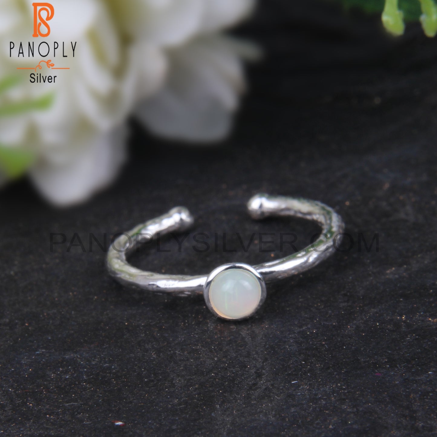 Adjustable Ethiopian Opal Round Shape 925 Sterling Silver Ring