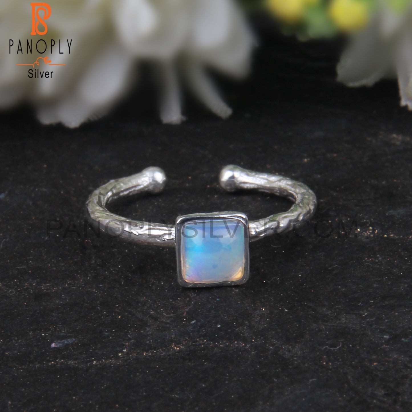 Ethiopian Opal Square 925 Sterling Silver Adjustable Ring