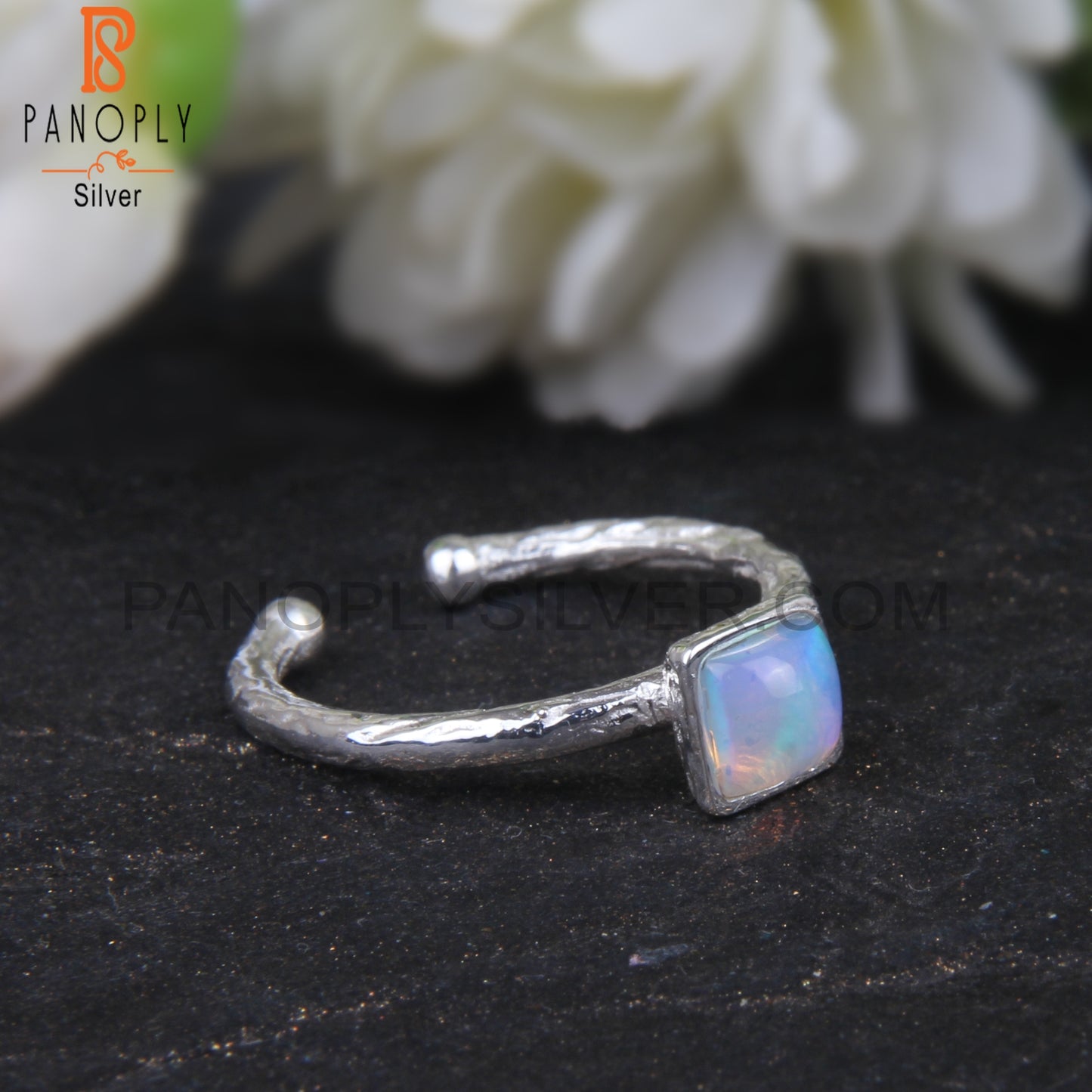 Ethiopian Opal Square 925 Sterling Silver Adjustable Ring