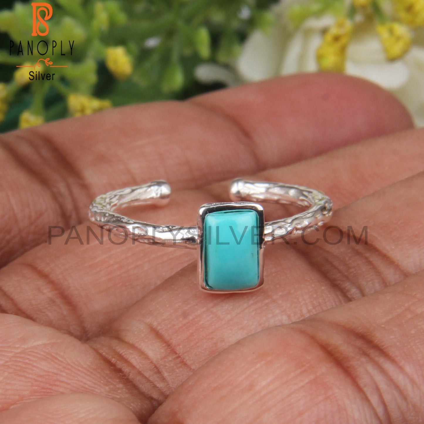 Arizona Turquoise Baguette 925 Sterling Silver Texture Ring