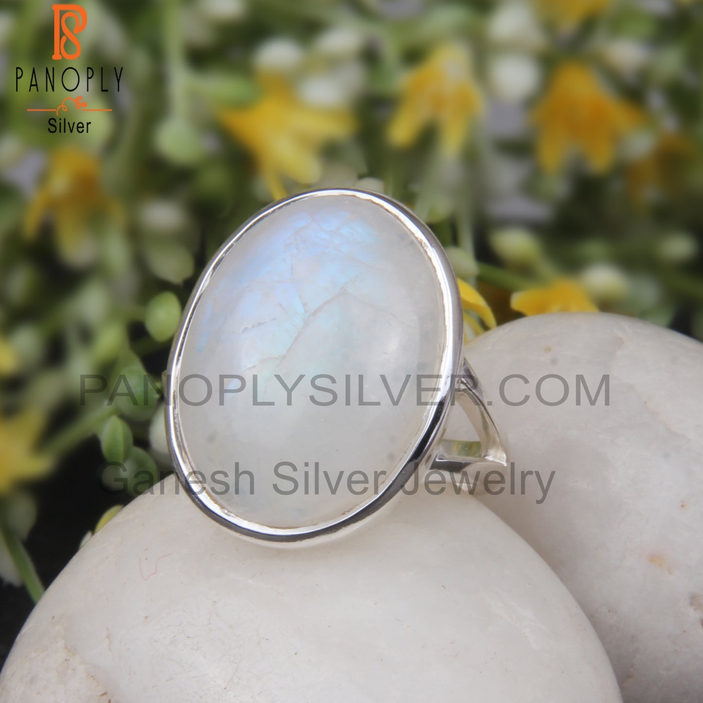 Rainbow Moonstone Cabochon Oval Shape Sterling Silver 925 Ring