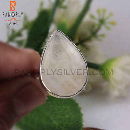 Natural Rainbow Moonstone Pear Shape Silver 925 Ring
