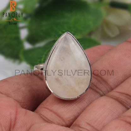 Natural Rainbow Moonstone Pear Shape Silver 925 Ring