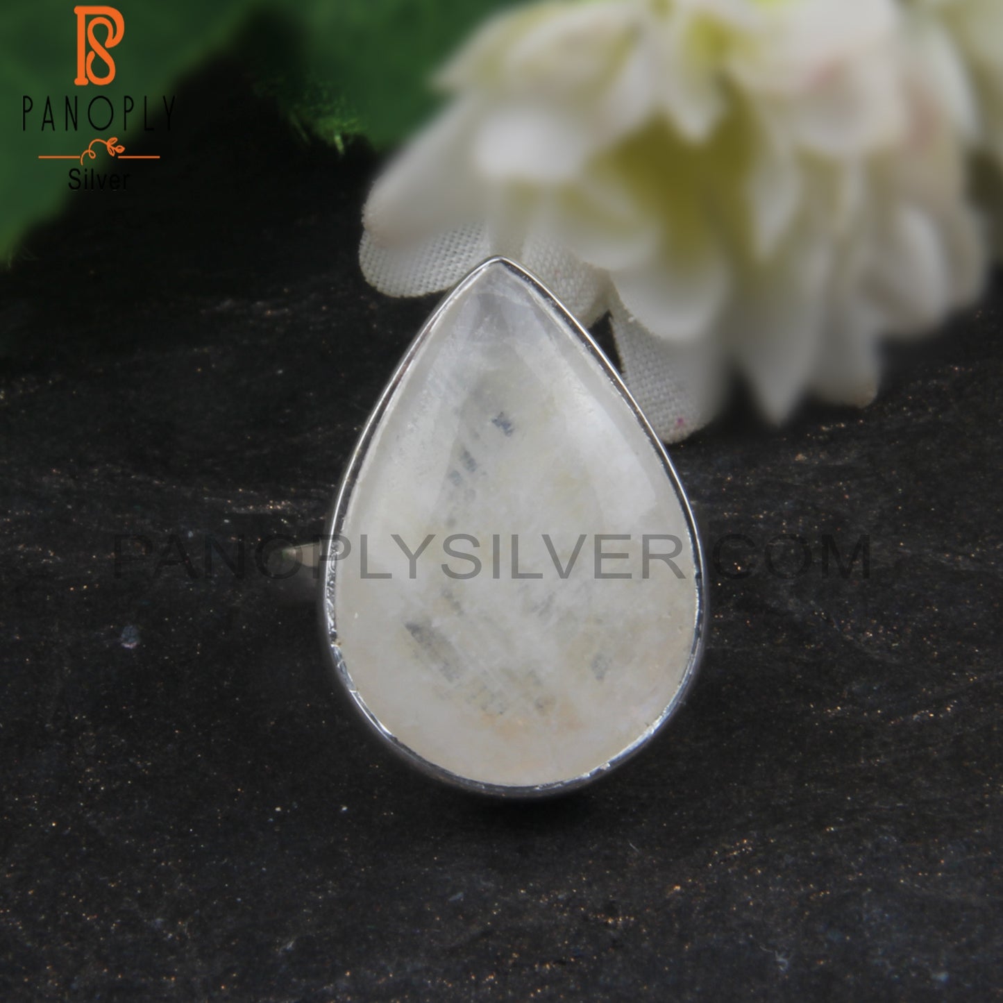 Natural Rainbow Moonstone Pear Shape Silver 925 Ring
