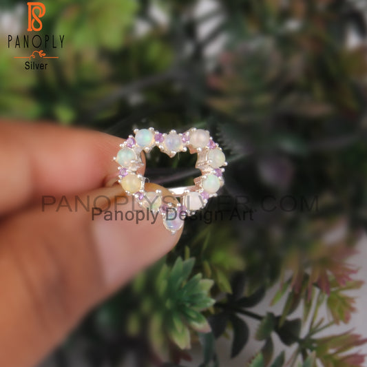 Amethyst & Ethiopian Opal 925 Sterling Silver Heart Ring