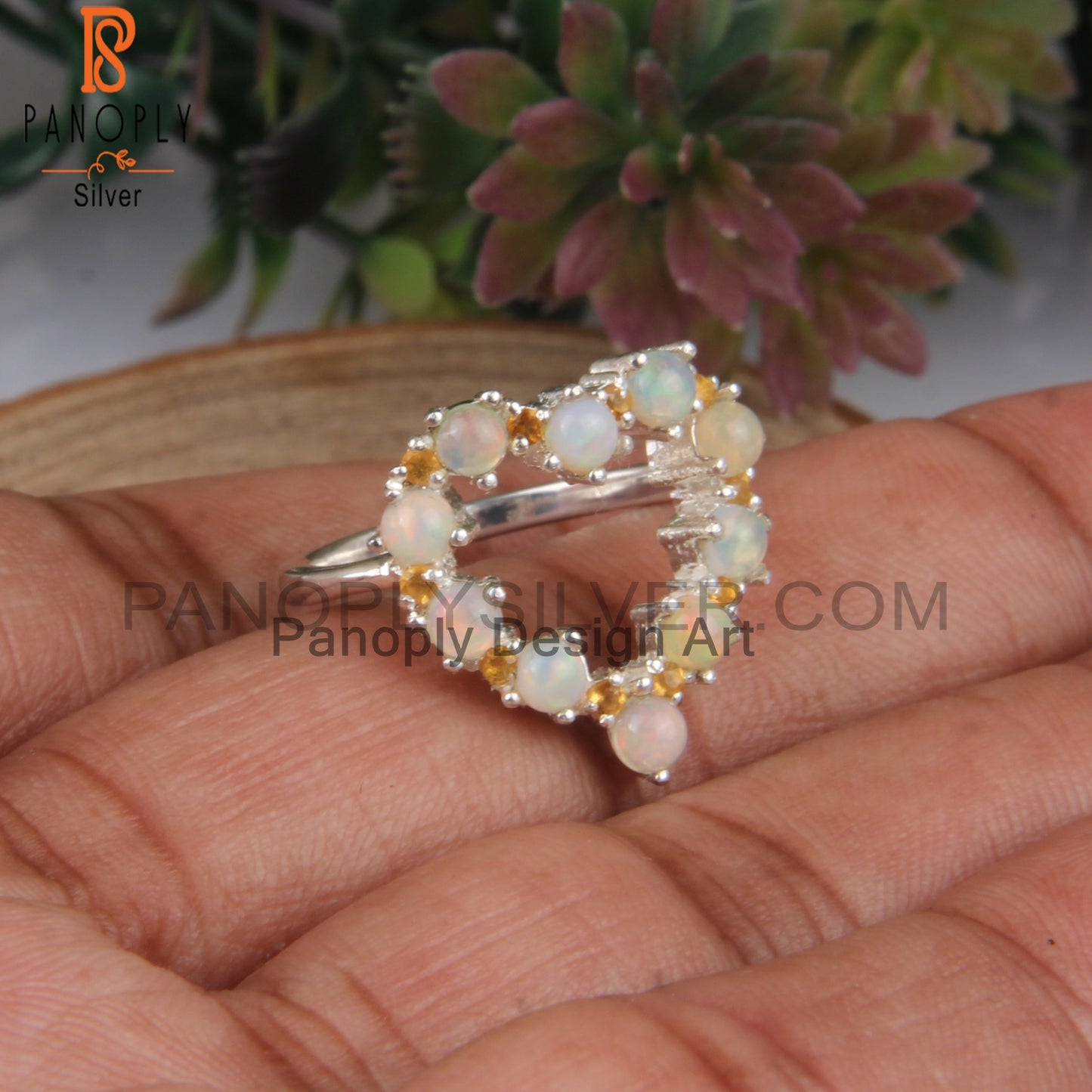 Citrine & Ethiopian Opal 925 Sterling Silver Heart Ring
