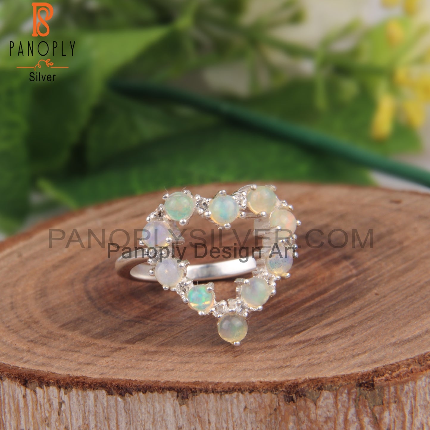 White Topaz & Ethiopian Opal 925 Sterling Silver Heart Ring