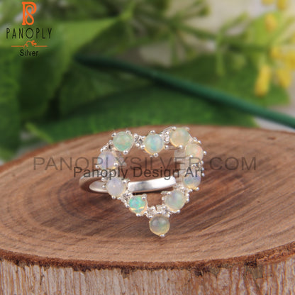White Topaz & Ethiopian Opal 925 Sterling Silver Heart Ring