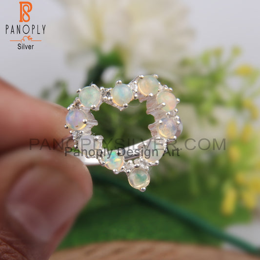 White Topaz & Ethiopian Opal 925 Sterling Silver Heart Ring