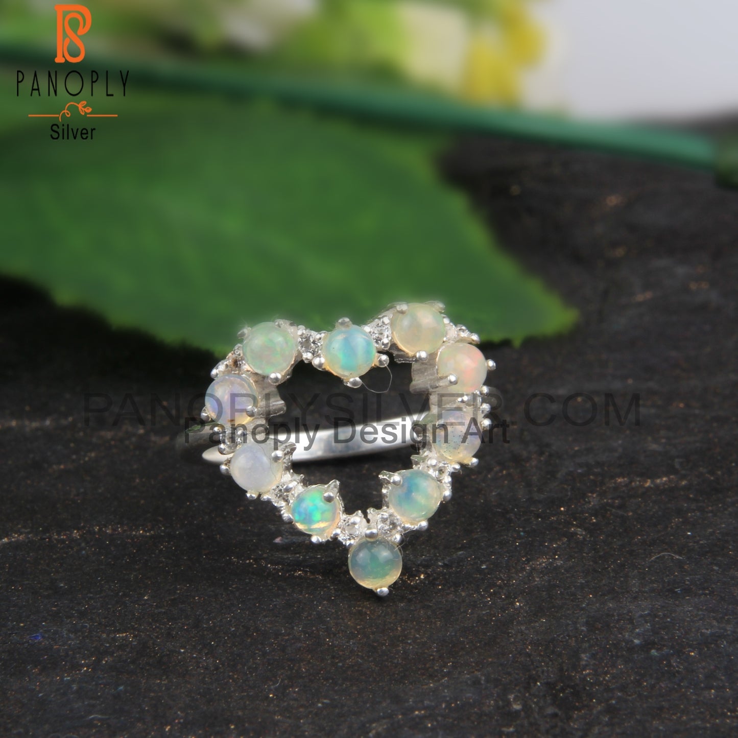 White Topaz & Ethiopian Opal 925 Sterling Silver Heart Ring