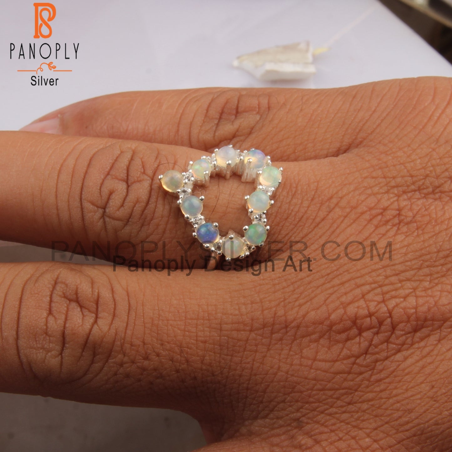 White Topaz & Ethiopian Opal 925 Sterling Silver Heart Ring