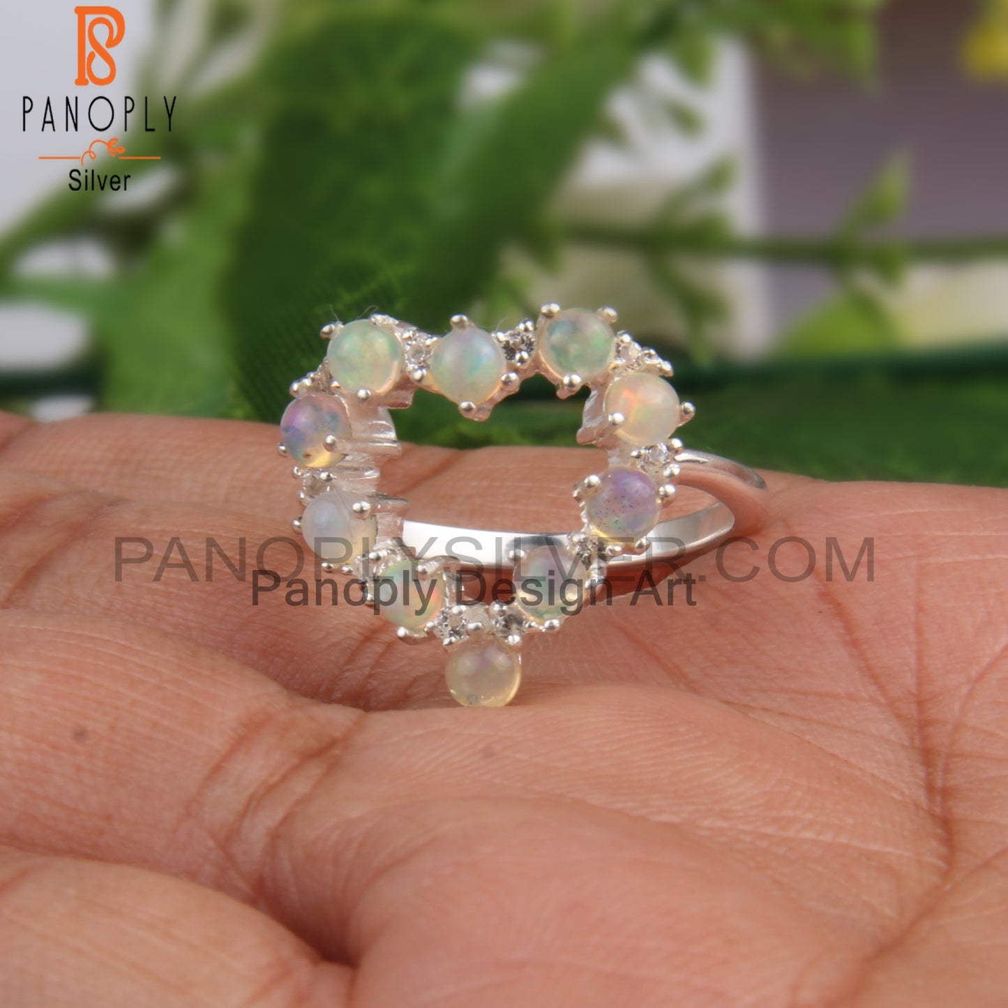 White Topaz & Ethiopian Opal 925 Sterling Silver Heart Ring