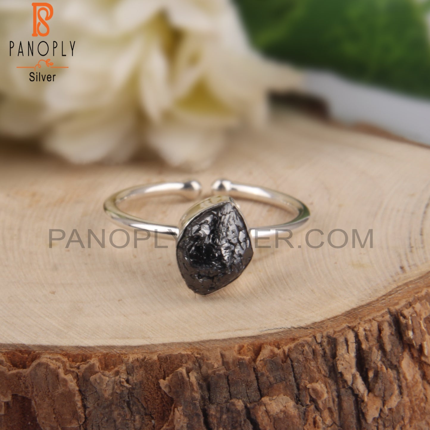 Black Diamond Rough 925 Sterling Silver Open Ring