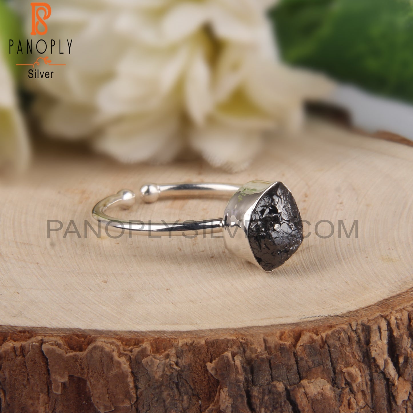Black Diamond Rough 925 Sterling Silver Open Ring