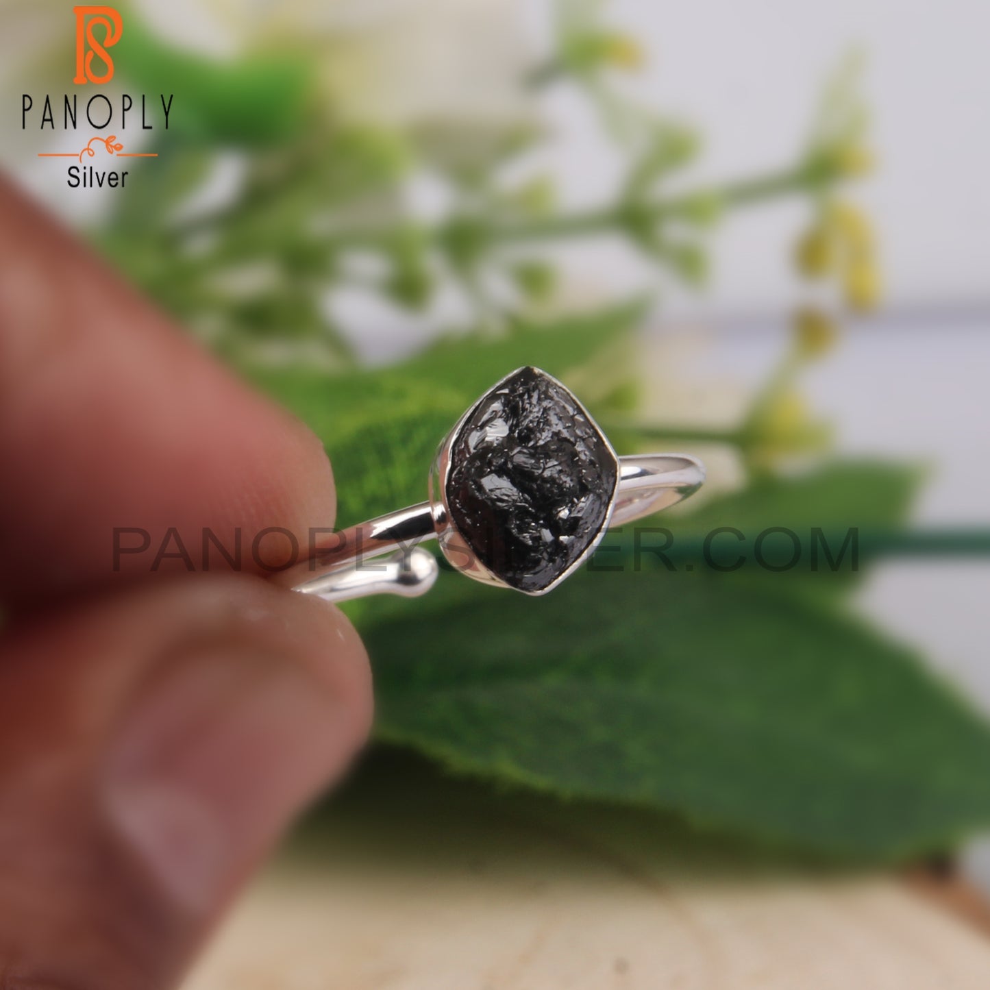 Black Diamond Rough 925 Sterling Silver Open Ring