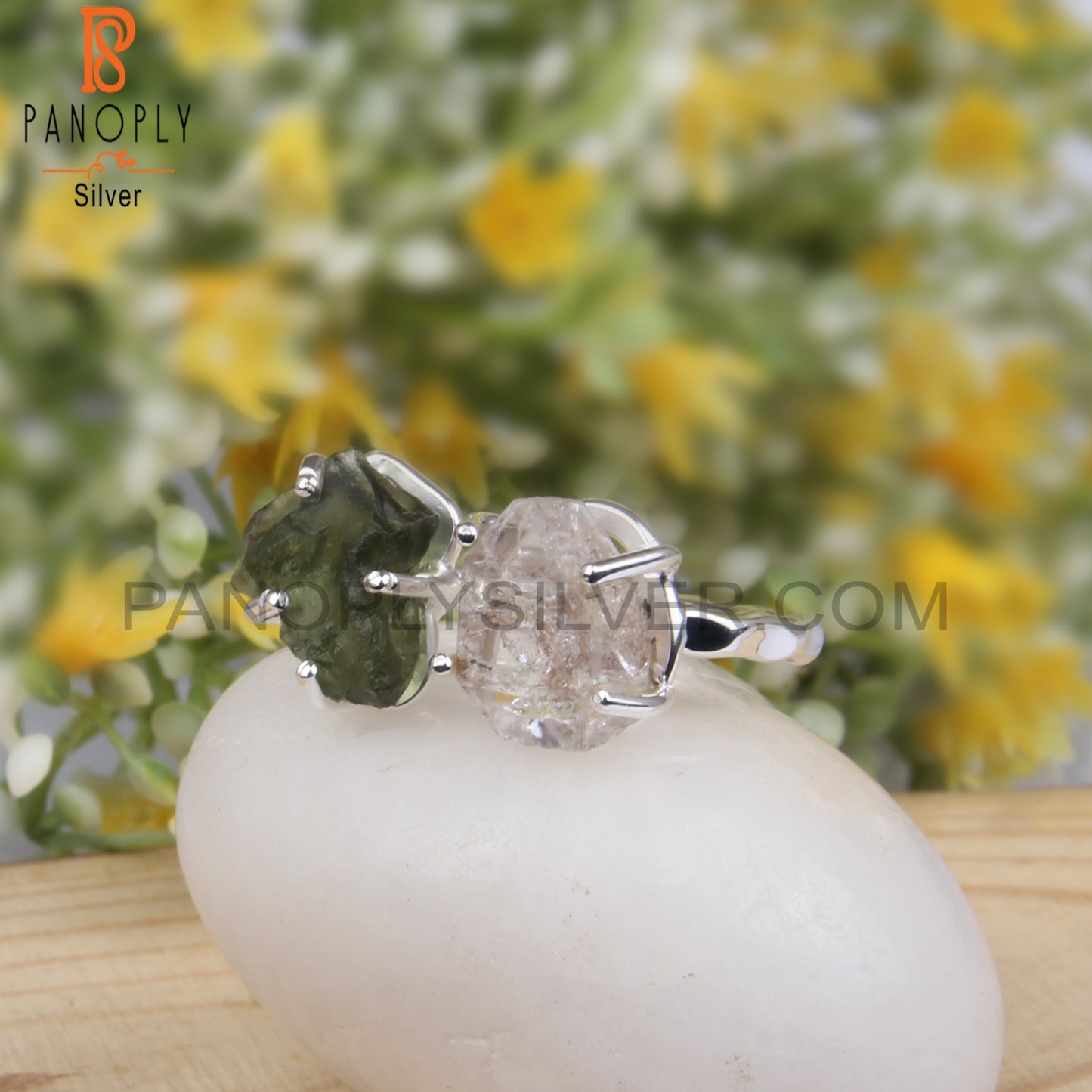 Herkimer Diamond & Moldavite  925 Silver Adjustable Ring