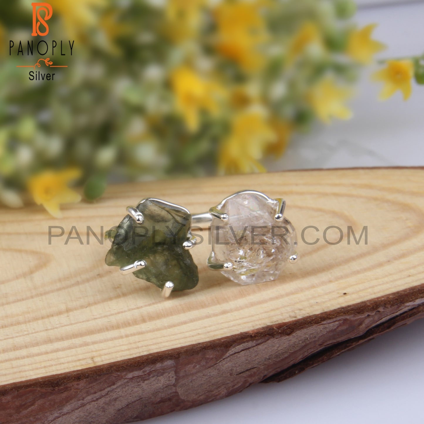 Herkimer Diamond & Moldavite  925 Silver Adjustable Ring